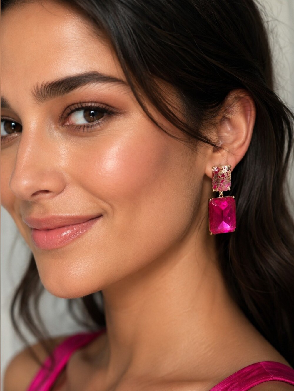 INC International Concepts Fuchsia Crystal Jewel Double Drop Dangle Earrings,NWT